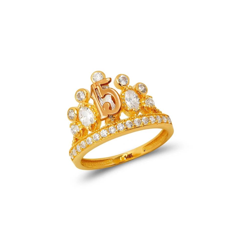 NEW 14K TWO TONE GOLD LADIES 15 ANOS TIARA RING: NEW 14K TWO TONE GOLD LADIES 15 ANOS TIARA RING LADIES 15 ANOS TIARA RING NEW 14K TWO TONE GOLD Apx. WIDTH: 13mm Apx. WEIGHT: 3.7g