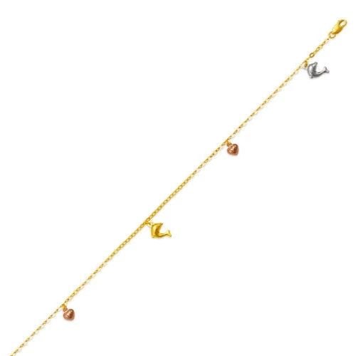 NEW 14K TRI COLOR GOLD DOLPHIN HEART CHARM ANKLET: NEW 14K TRI COLOR GOLD DOLPHIN/HEART CHARM ANKLET 14K Tri color Gold Approx. 2.0mm Bracelet, 11mm Charms 10" Long High Polished Lobster Lock Weight: 2.5 Grams