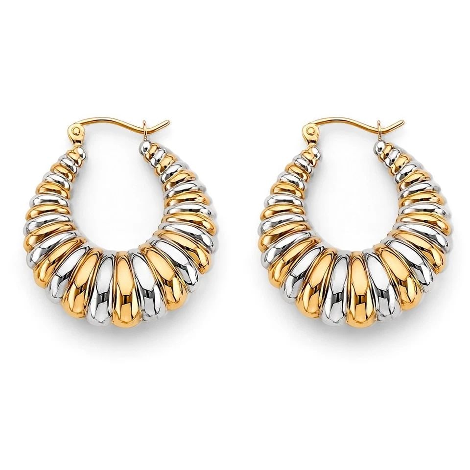 NEW 14K TWO TONE GOLD SHINY HOLLOW HOOP EARRINGS (1 of 1)