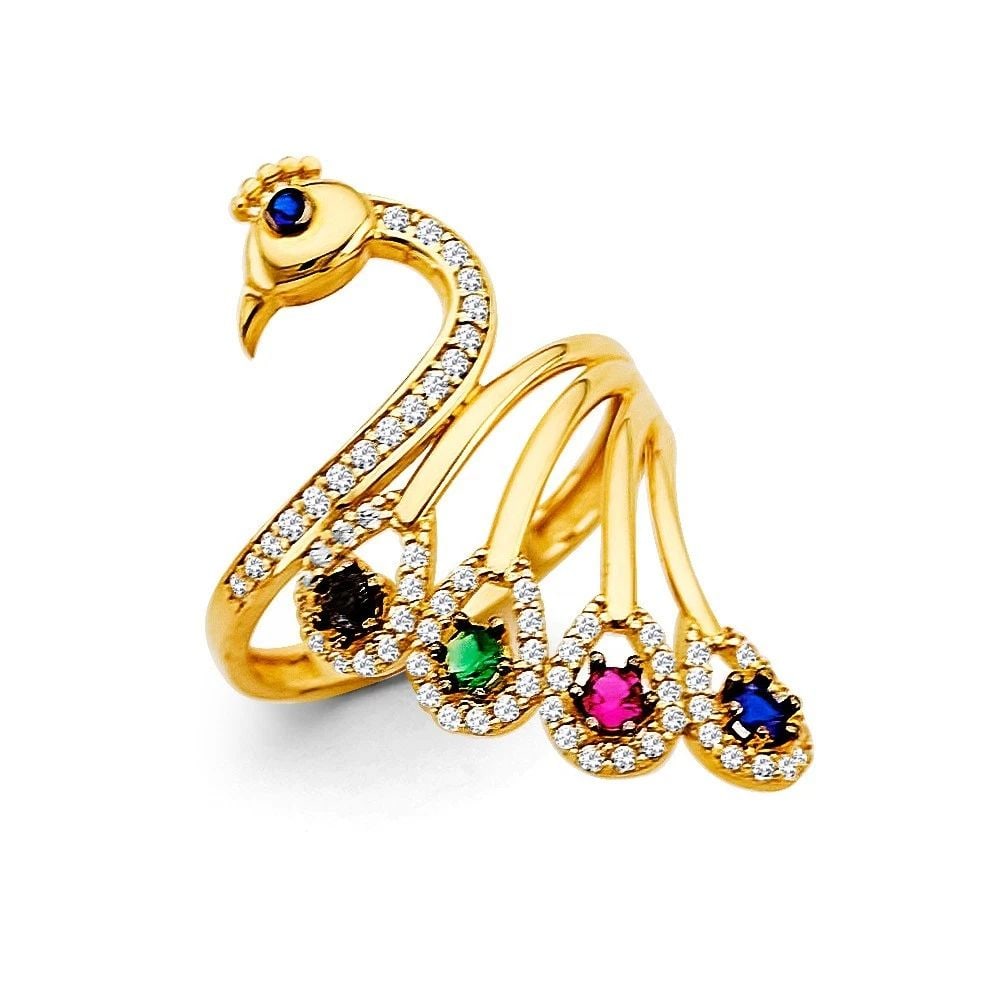 NEW 14K YELLOW GOLD MULTI COLOR PEACOCK RING - SIZE 7 (1 of 2)