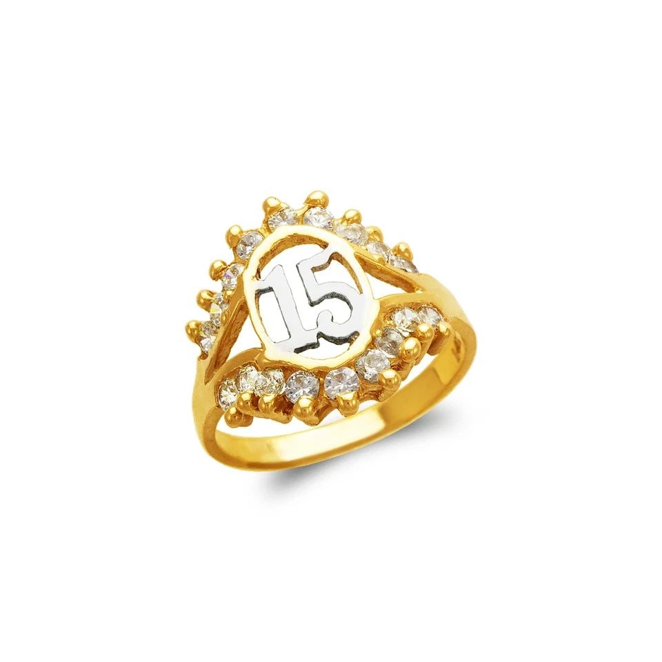 NEW 14K TWO TONE GOLD LADIES 15 ANOS RING: NEW 14K TWO TONE GOLD LADIES 15 ANOS RING LADIES 15 ANOS RING NEW 14K TWO TONE GOLD Apx. WIDTH: 16mm Apx. WEIGHT: 3.5g