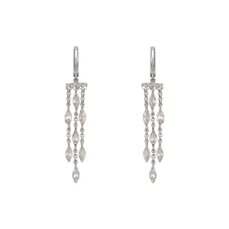 NEW 14K WHITE GOLD FANCY CHANDELIER DANGLING EARRINGS: NEW 14K WHITE GOLD FANCY CHANDELIER DANGLING EARRINGS FANCY CHANDELIER DANGLING EARRINGS NEW 14K WHITE GOLD Width: Approx. 12x48mm Apx WEIGHT: 3.5g