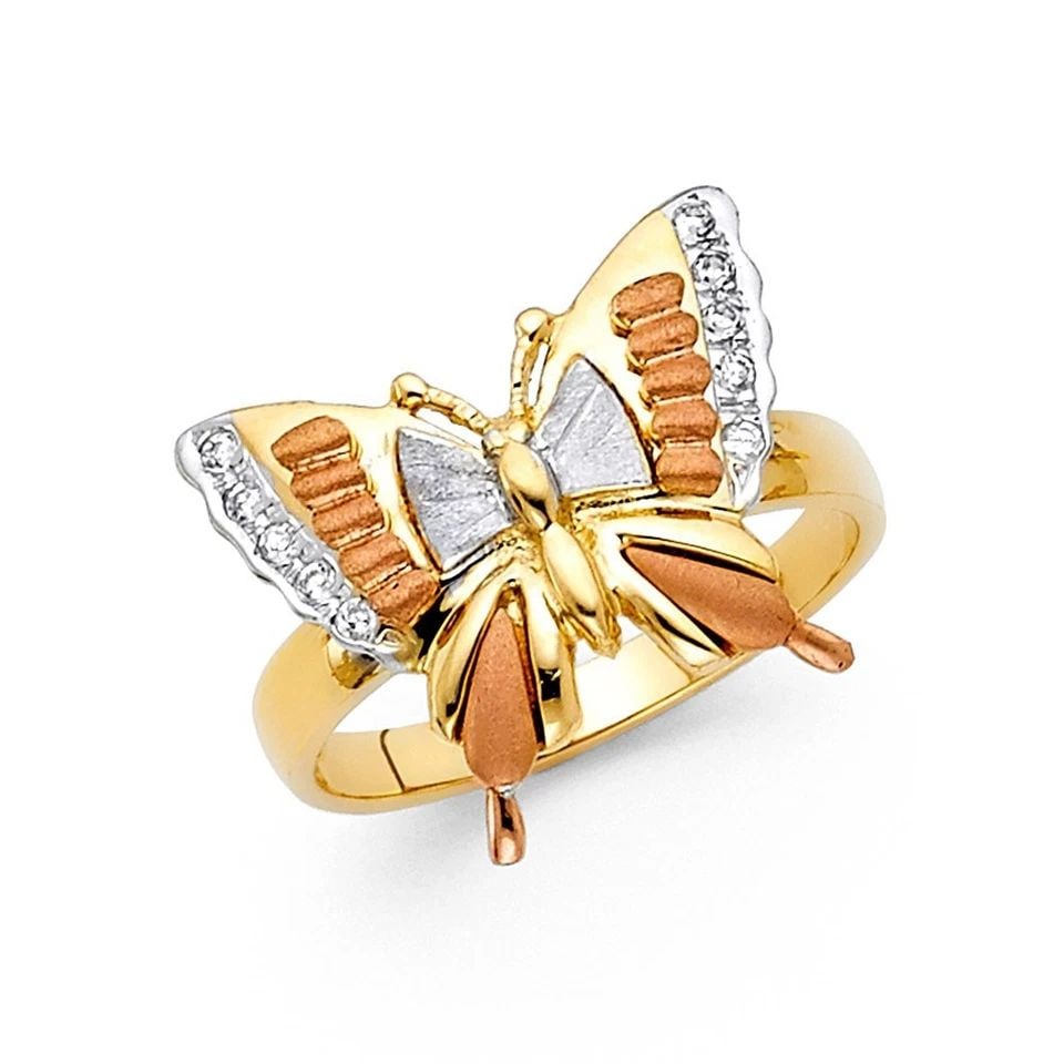 NEW 14K TRI COLOR GOLD FANCY BUTTERFLY RING - SIZE 7: NEW 14K TRI COLOR GOLD FANCY BUTTERFLY RING FANCY BUTTERFLY RING NEW 14K TRI COLOR GOLD WIDTH : 15 mm WEIGHT : 3.5g