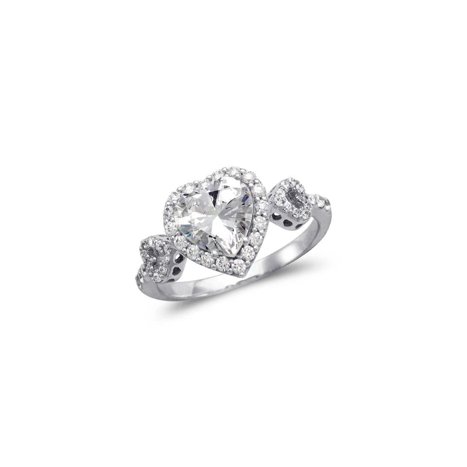 NEW 14K WHITE GOLD LADIES FANCY WHITE HEART HALO SOLITAIRE RING: NEW 14K WHITE GOLD LADIES FANCY WHITE HEART HALO SOLITAIRE RING LADIES FANCY WHITE HEART HALO SOLITAIRE RING NEW 14K WHITE GOLD Apx. WIDTH: 11mm Apx. WEIGHT: 3.4g