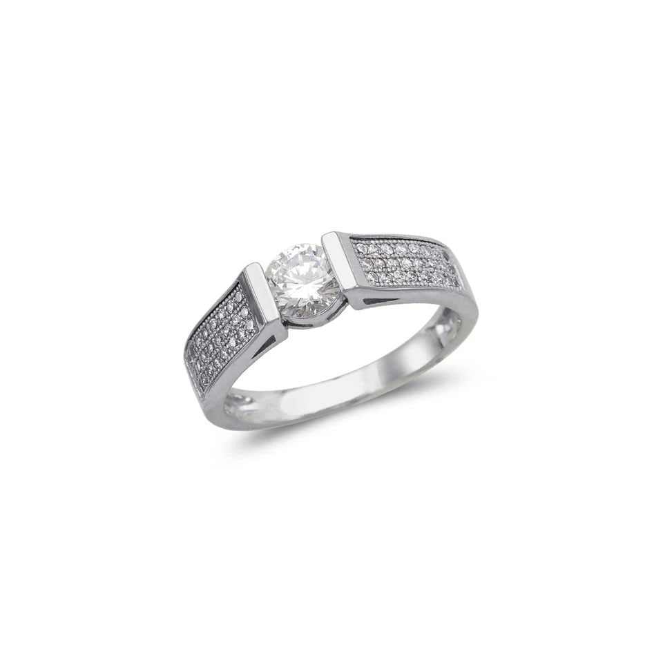 NEW 14K WHITE GOLD LADIES FANCY WHITE SOLITAIRE RING: NEW 14K WHITE GOLD LADIES FANCY WHITE SOLITAIRE RING LADIES FANCY WHITE SOLITAIRE RING NEW 14K WHITE GOLD Apx. WIDTH: 5mm Apx. WEIGHT: 3.4g