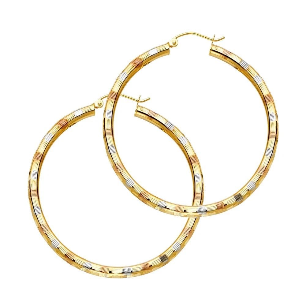 NEW 14K TRI COLOR GOLD 3MM DC HOOP EARRINGS: NEW 14K TRI COLOR GOLD 3MM DC HOOP EARRINGS 3MM DC HOOP EARRINGS NEW 14K TRI COLOR GOLD HEIGHT - 35 mm WIDTH - 35 mm Apx WEIGHT - 2.4 g