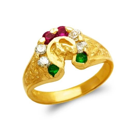 NEW 14K YELLOW GOLD LADIES MULTI HORSE HORSESHOE FASHION RING (1 of 1)