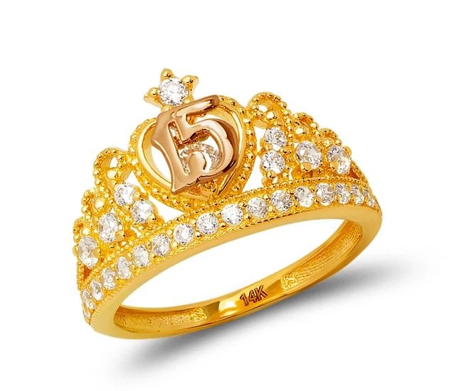 NEW 14K TWO TONE GOLD LADIES 15 ANOS TIARA RING: NEW 14K TWO TONE GOLD LADIES 15 ANOS TIARA RING LADIES 15 ANOS TIARA RING NEW 14K TWO TONE GOLD Apx. WIDTH: 12mm Apx. WEIGHT: 3.2g
