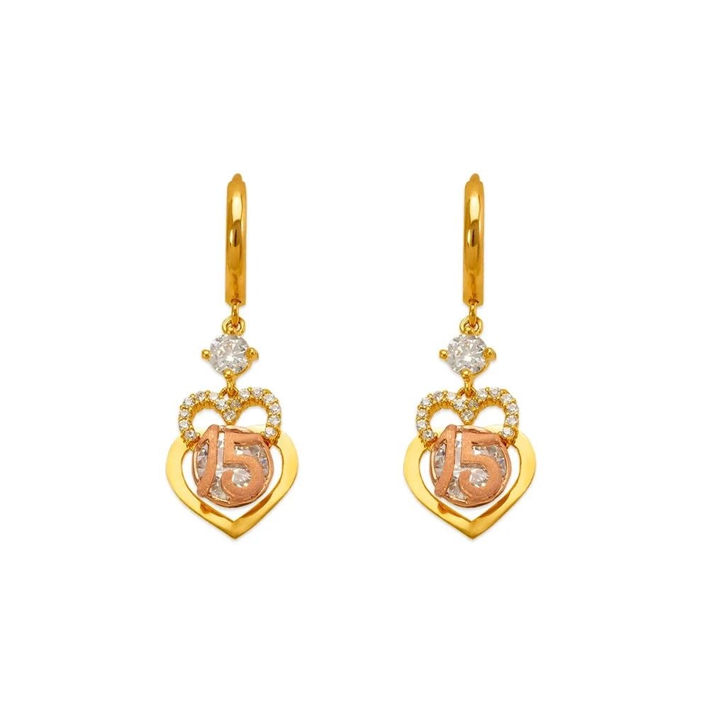 NEW 14K TWO TONE GOLD FANCY 15 ANOS DOUBLE HEART EARRINGS: NEW 14K TWO TONE GOLD FANCY 15 ANOS DOUBLE HEART EARRINGS FANCY 15 ANOS DOUBLE HEART EARRINGS NEW 14K TWO TONE GOLD Width: Approx. 11x13mm Apx WEIGHT: 3.2g