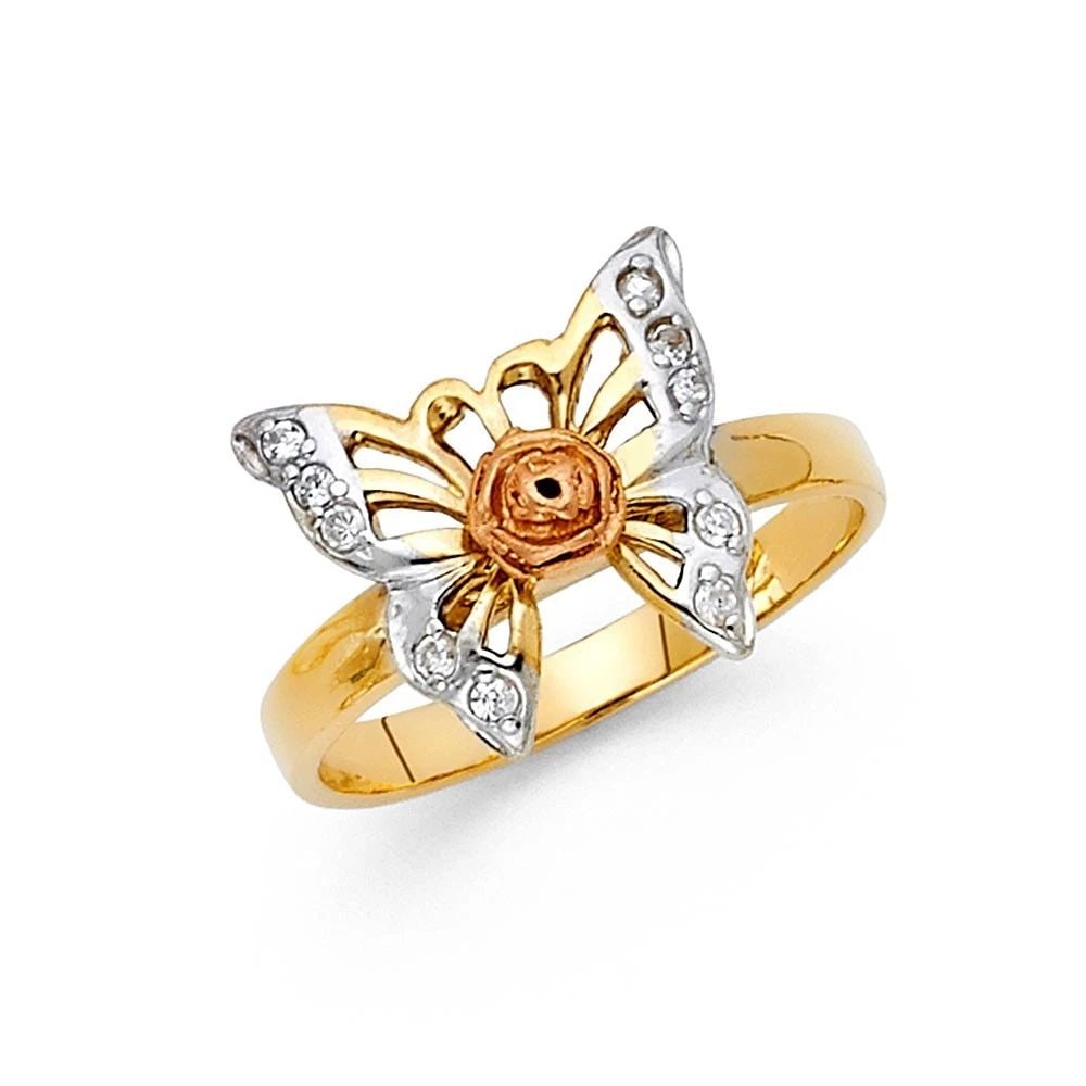 NEW 14K TRI COLOR GOLD FANCY BUTTERFLY RING - SIZE 7: NEW 14K TRI COLOR GOLD FANCY BUTTERFLY RING FANCY BUTTERFLY RING NEW 14K TRI COLOR GOLD WIDTH : 13 mm WEIGHT : 3.1g