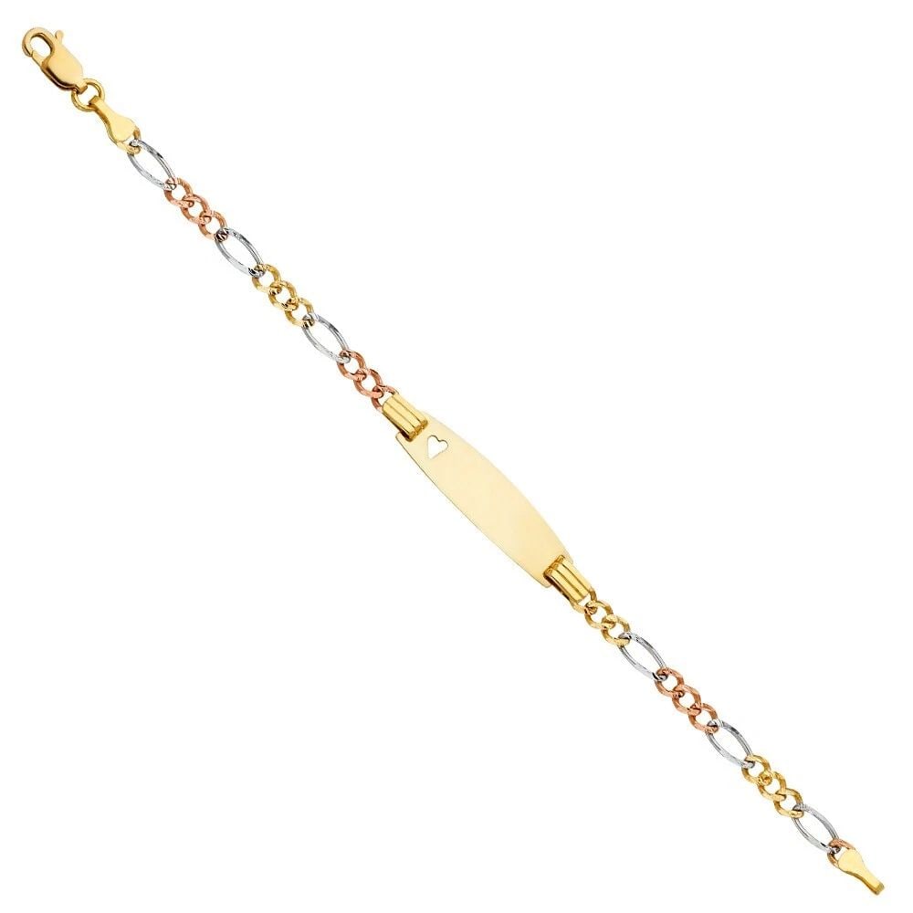 NEW 14K FIGARO 3+1 TRI COLOR BABY OVAL ID WITH HEART BRACELET: 14K FIGARO 3+1 3C BABY OVAL ID WITH HEART BRACELET BABY OVAL ID WITH HEART BRACELET NEW 14K TWO TONE GOLD LENGTH - 6in Apx WEIGHT - 3g