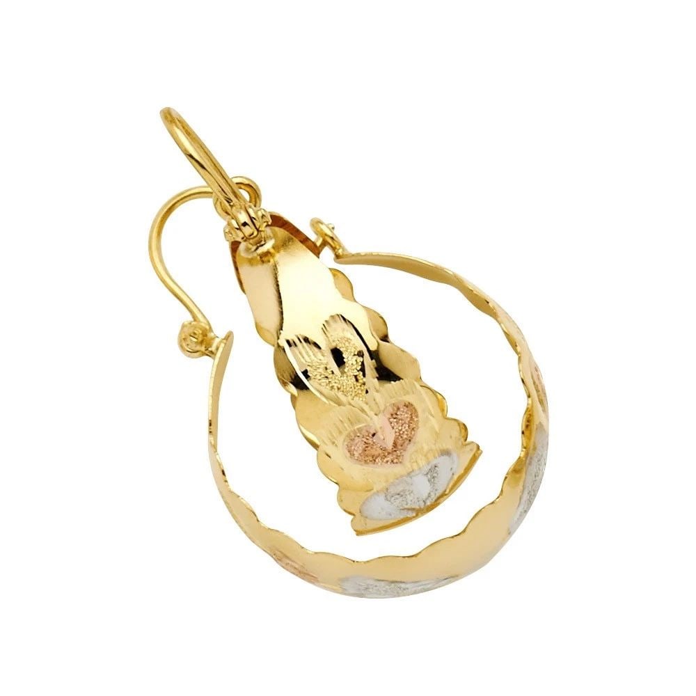 NEW 14K TRI COLOR GOLD HEART DC GRADUATED HOOP EARRINGS: NEW 14K TRI COLOR GOLD HEART DC GRADUATED HOOP EARRINGS HEART DC GRADUATED HOOP EARRINGS NEW 14K TRI COLOR GOLD HEIGHT - 15 mm WIDTH - 15 mm Apx WEIGHT - 2.3 g