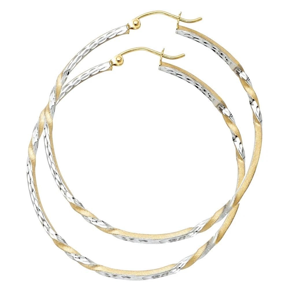 NEW 14K TWO TONE GOLD CURLED HOOP EARRINGS: NEW 14K TWO TONE GOLD CURLED HOOP EARRINGS CURLED HOOP EARRINGS NEW 14K TWO TONE GOLD Height : 45 mm Width : 45 mm Weight : 2.2g