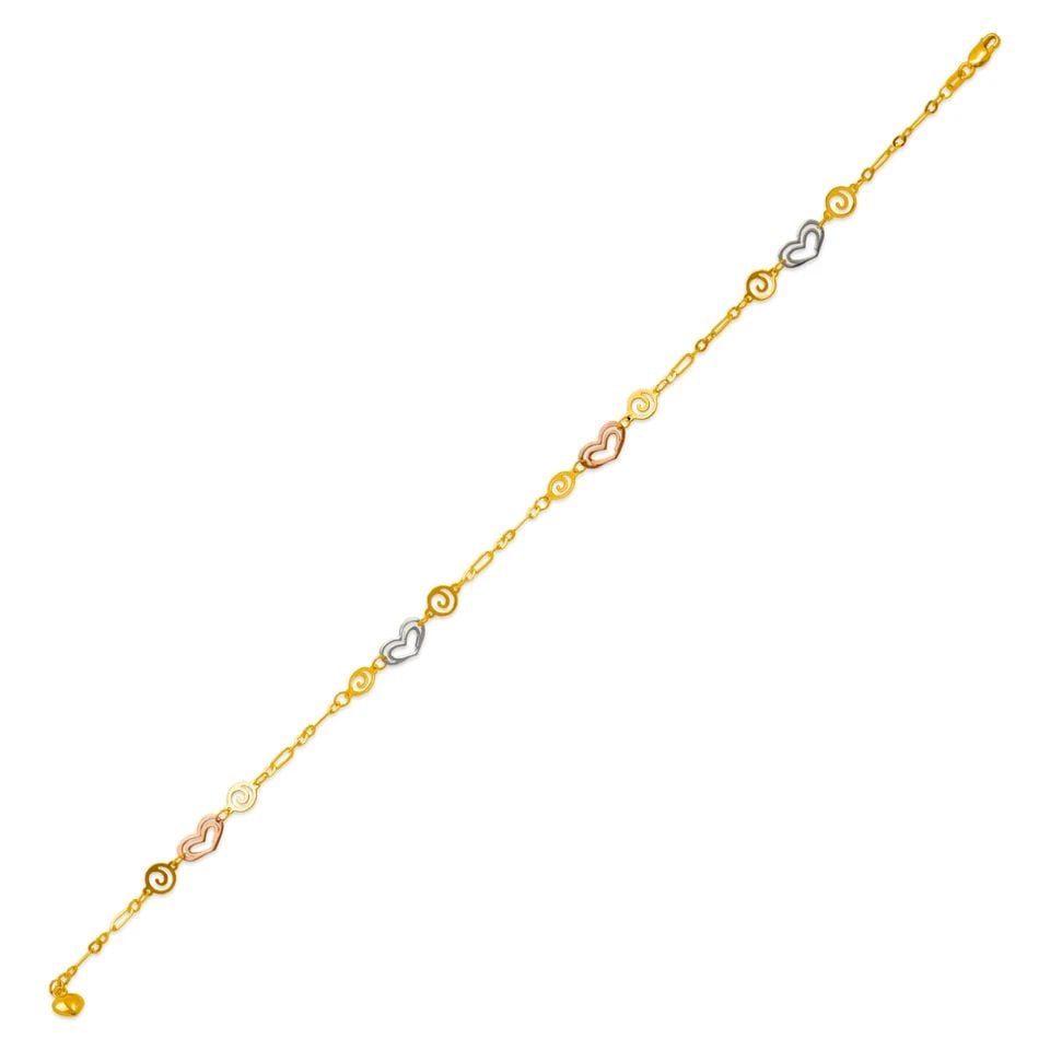 NEW 14K TRICOLOR GOLD CHARM ANKLET: NEW 14K TRICOLOR GOLD CHARM ANKLET GOLD CHARM ANKLET NEW 14K TRI COLOR GOLD LENGTH: 10" inch Apx WEIGHT: 2.9g
