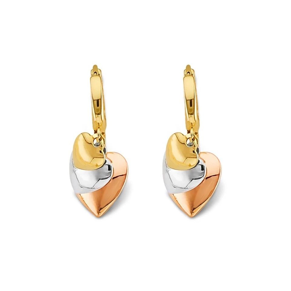 NEW 14K TRI COLOR GOLD HANGING HEARTS HUGGIES EARRINGS: NEW 14K TRI COLOR GOLD HANGING HEARTS HUGGIES EARRINGS HANGING HEARTS HUGGIES EARRINGS NEW 14K TRI COLOR GOLD HEIGHT - 20 mm WIDTH - 8 mm Apx WEIGHT - 2.2 g
