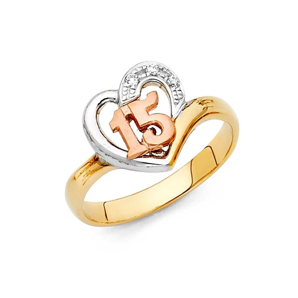 NEW 14K TRI COLOR GOLD 15 YEARS HEART RING - SIZE 7: NEW 14K TRI COLOR GOLD 15 YEARS HEART RING 15 YEARS HEART RING NEW 14K TRI COLOR GOLD WIDTH: 12 mm Apx. WEIGHT: 2.8g