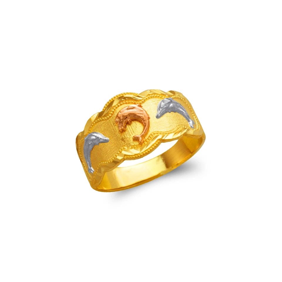 NEW 14K TRICOLOR GOLD LADIES DOLPHIN FILIGREE RING (1 of 1)