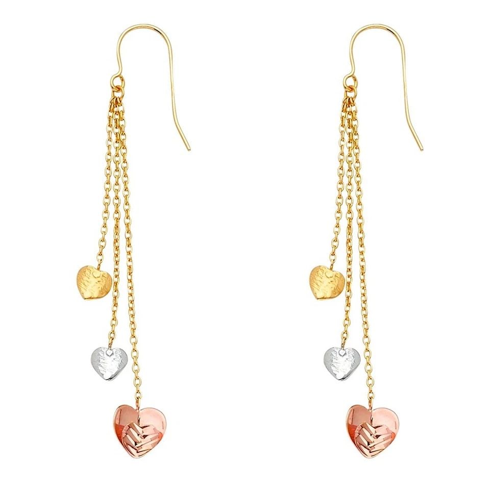 NEW 14K TRI COLOR GOLD 3HEARTS HANGING EARRINGS: NEW 14K TRI COLOR GOLD 3HEARTS HANGING EARRINGS 3HEARTS HANGING EARRINGS NEW 14K TRI COLOR GOLD HEIGHT - 61 mm WIDTH - 7 mm Apx WEIGHT - 2.1 g