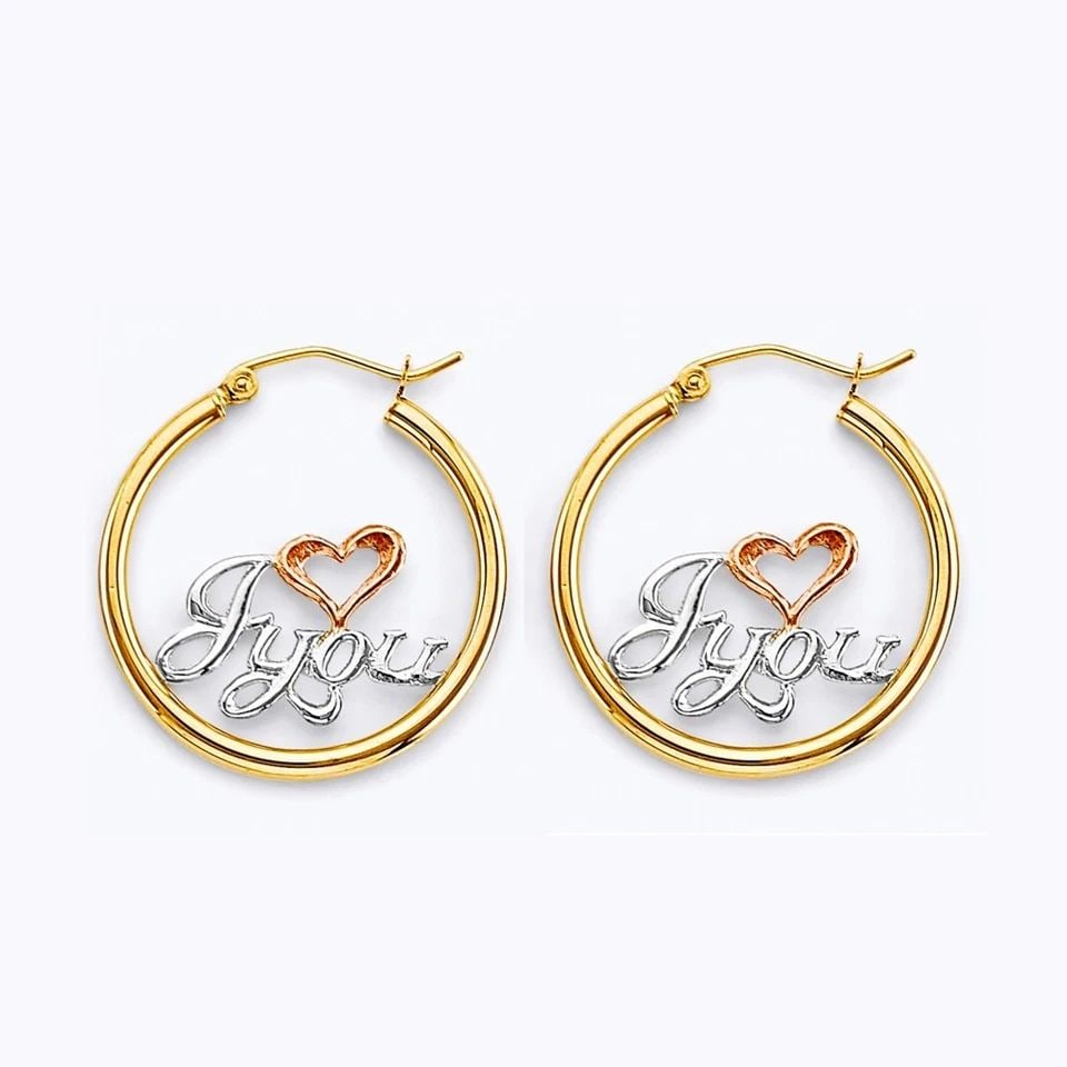 NEW 14K TRI COLOR GOLD I LOVE YOU HOOP EARRINGS (1 of 1)