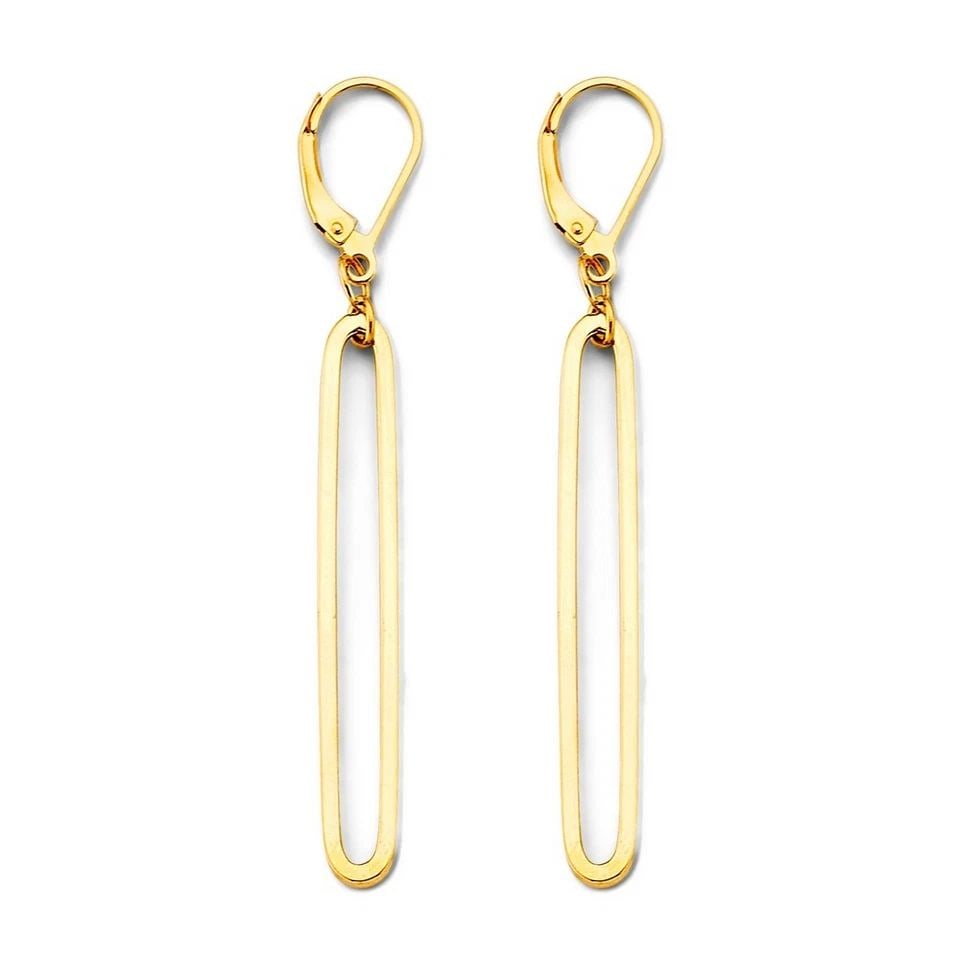 NEW 14K YELLOW GOLD PAPERCLIP EARRINGS WITH LEVERBACK: NEW 14K YELLOW GOLD PAPERCLIP EARRINGS WITH LEVERBACK PAPERCLIP EARRINGS WITH LEVERBACK NEW 14K YELLOW GOLD HEIGHT - 60 mm WIDTH - 5 mm Apx WEIGHT - 2.1 g