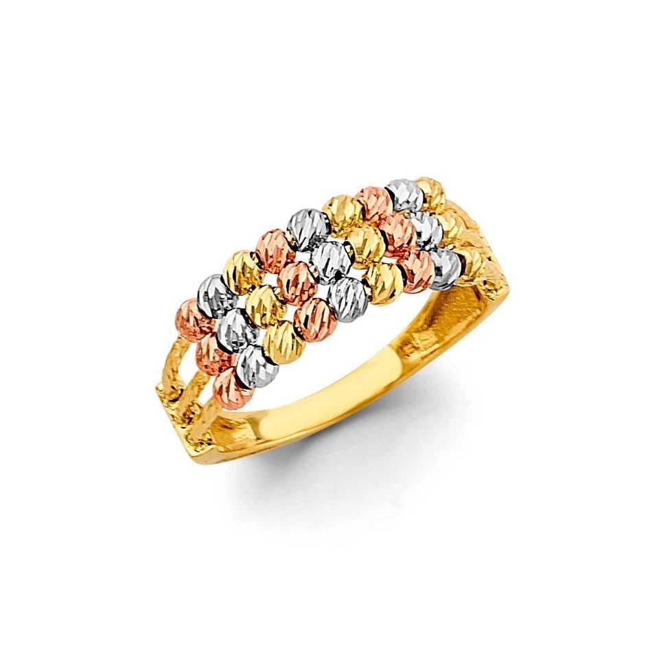 NEW 14K TRI COLOR GOLD FANCY BALL RING - SIZE 7: NEW 14K TRI COLOR GOLD FANCY BALL RING FANCY BALL RING NEW 14K TRI COLOR GOLD WIDTH : WEIGHT : 2.8g