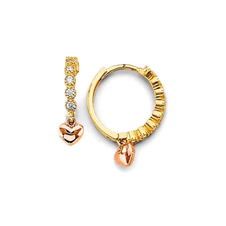 NEW 14K TWO TONE GOLD HEART CHARM HUGGIES EARRINGS (1 of 1)