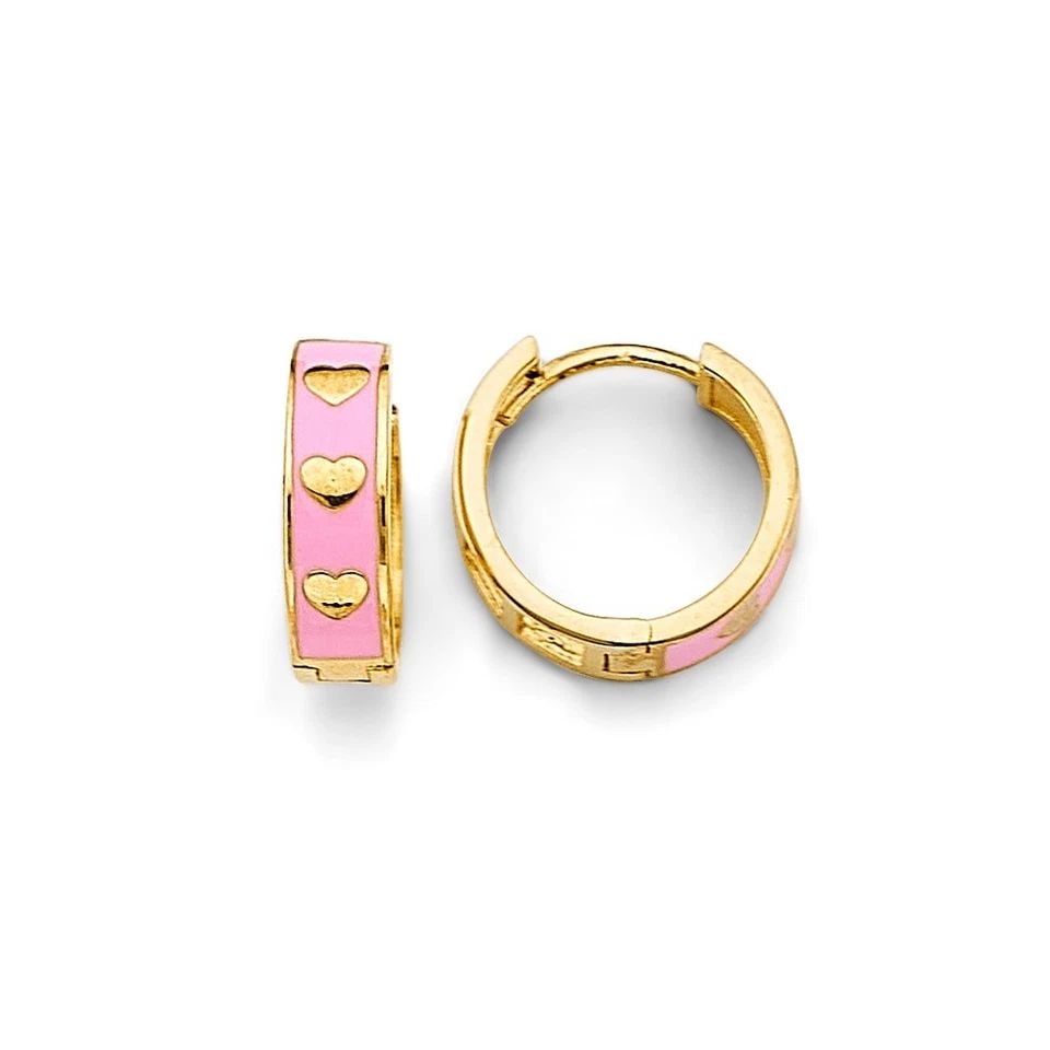 NEW 14K YELLOW GOLD ENAMEL HEART HUGGIES EARRINGS: NEW 14K YELLOW GOLD ENAMEL HEART HUGGIES EARRINGS ENAMEL HEART HUGGIES EARRINGS NEW 14K YELLOW GOLD HEIGHT - 13 mm WIDTH - 13 mm Apx WEIGHT - 2 g