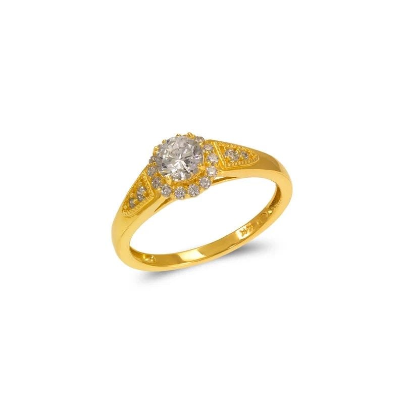 NEW 14K YELLOW GOLD LADIES FANCY SOLITAIRE HALO RING: NEW 14K YELLOW GOLD LADIES FANCY SOLITAIRE HALO RING LADIES FANCY SOLITAIRE HALO RING NEW 14K YELLOW GOLD Apx. SIZE: 5mm Apx. WEIGHT: 2.7g