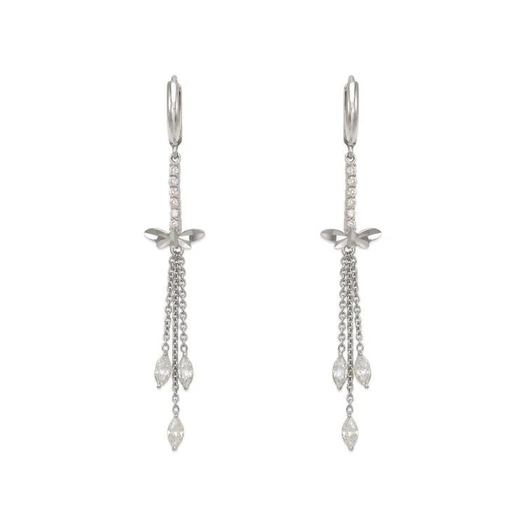 NEW 14K WHITE GOLD FANCY DRAGONFLY DANGLING EARRINGS: NEW 14K WHITE GOLD FANCY DRAGONFLY DANGLING EARRINGS FANCY DRAGONFLY DANGLING EARRINGS NEW 14K WHITE GOLD Width: Approx. 12x58mm Apx WEIGHT: 2.7g