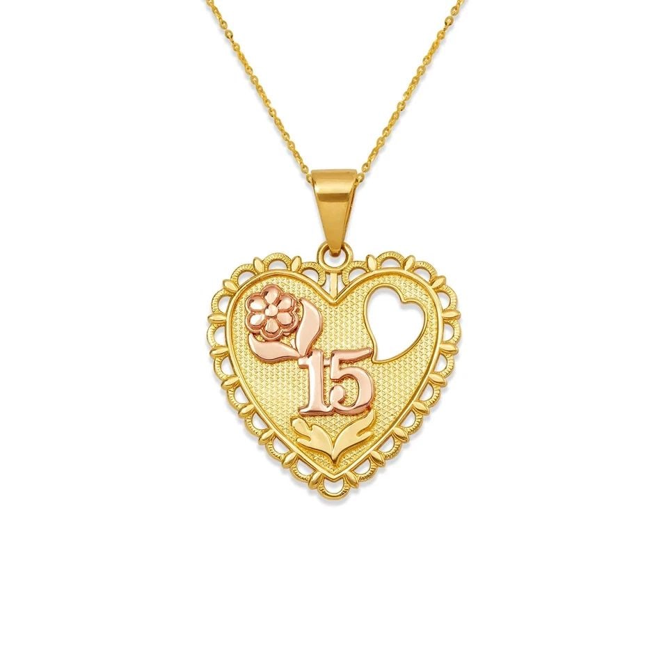 NEW 14K TWO TONE GOLD 15 ANOS ROSE HEART PENDANT: NEW 14K TWO TONE GOLD 15 ANOS ROSE HEART PENDANT15 ANOS ROSE HEART PENDANTNEW 14KTWO TONE GOLDApx. WIDTH: 22x22mmApx WEIGHT: 2.6g