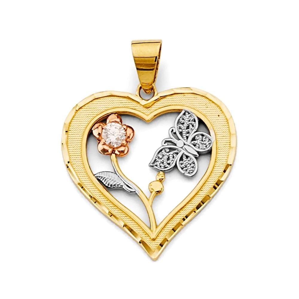 NEW 14K TRI COLOR GOLD HEART WITH FLOWER & BUTTERFLY PENDANT (1 of 2)