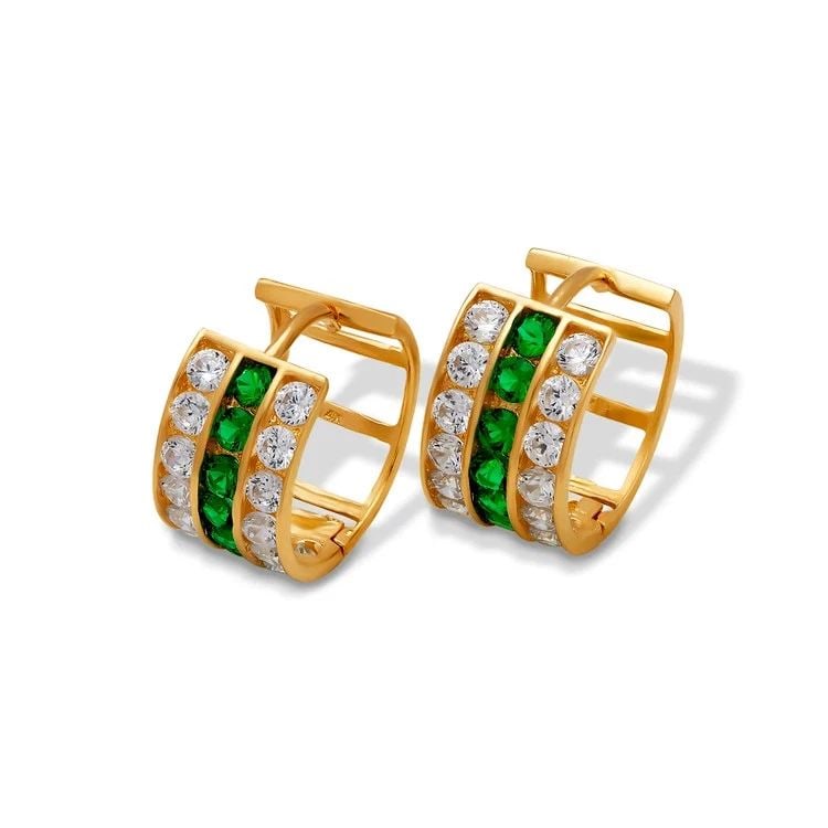 NEW 14K YELLOW GOLD 12MM GREEN HUGGIE EARRINGS: NEW 14K YELLOW GOLD 12MM GREEN HUGGIE EARRINGS12MM GREEN HUGGIE EARRINGSNEW 14KYELLOW GOLDWidth: Approx. 12mmApx WEIGHT: 2.5g