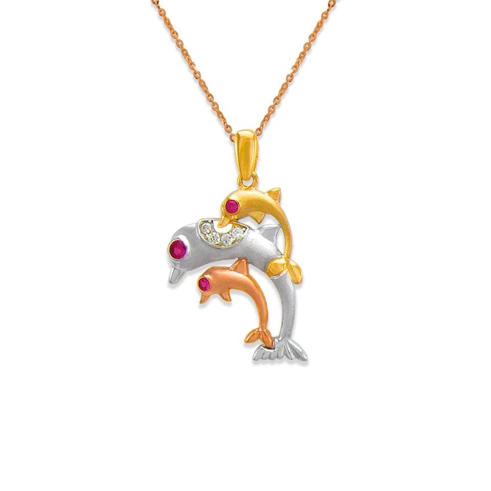 NEW 14K TRICOLOR GOLD 22MM FANCY TRIPLE DOLPHIN PENDANT (1 of 1)
