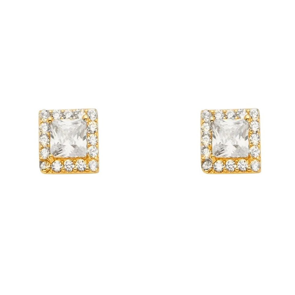 NEW 14K YELLOW GOLD SOLITARE HALO SQUARE EARRINGS WITH P BACK (1 of 1)