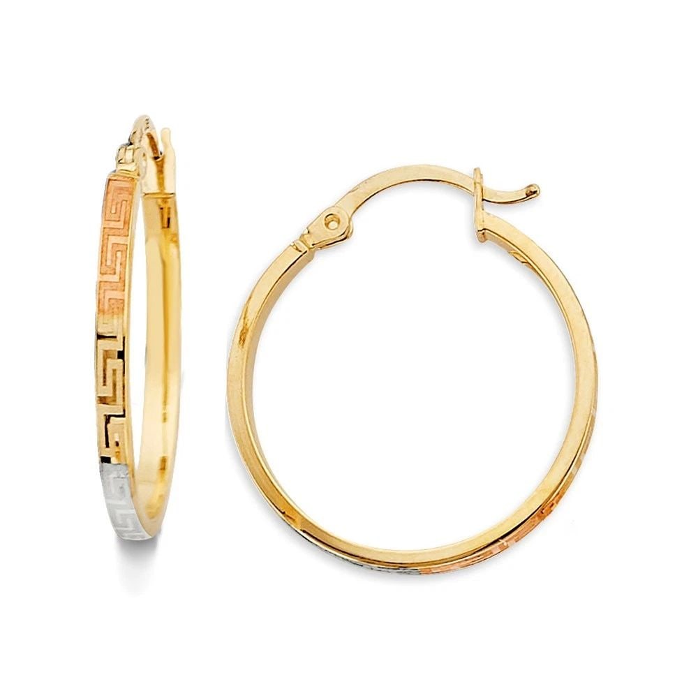 NEW 14K TRI COLOR GOLD GREEK DESIGN HOOP EARRINGS: NEW 14K TRI COLOR GOLD GREEK DESIGN HOOP EARRINGS GREEK DESIGN HOOP EARRINGS NEW 14K TRI COLOR GOLD HEIGHT - 20 mm WIDTH - 20 mm Apx WEIGHT - 1.7 g