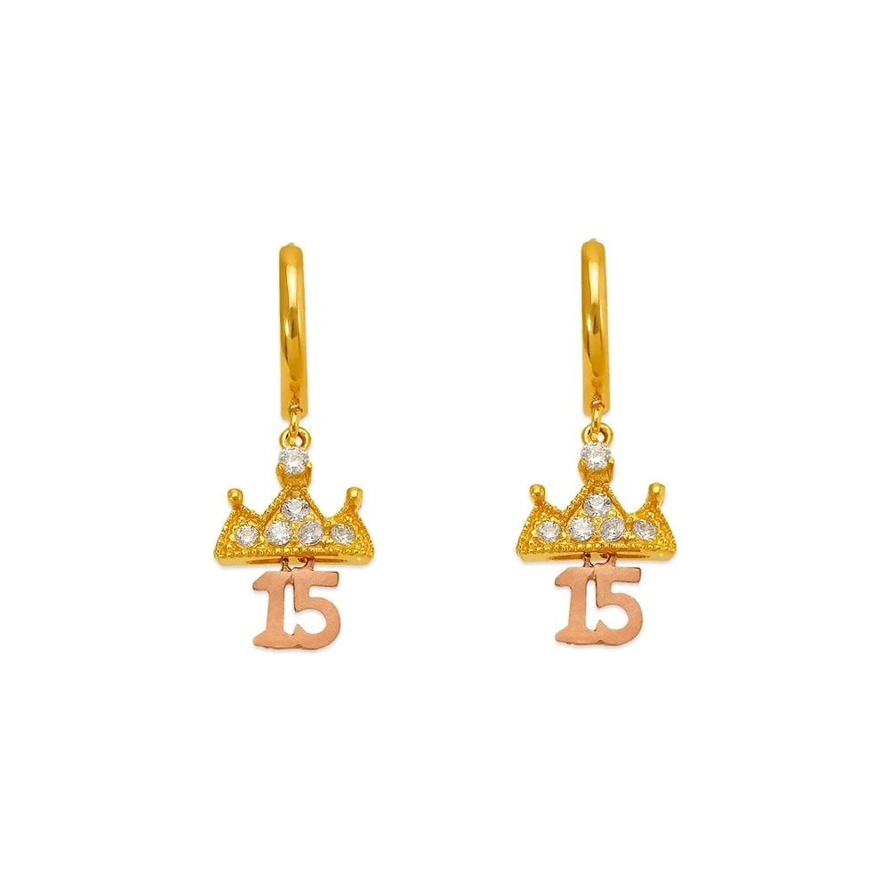 NEW 14K TWO TONE GOLD 15 ANOS CROWN HUGGIE EARRINGS: NEW 14K TWO TONE GOLD 15 ANOS CROWN HUGGIE EARRINGS 15 ANOS CROWN HUGGIE EARRINGS NEW 14K TWO TONE GOLD Width: Approx. 10x16mm Apx WEIGHT: 2.3g