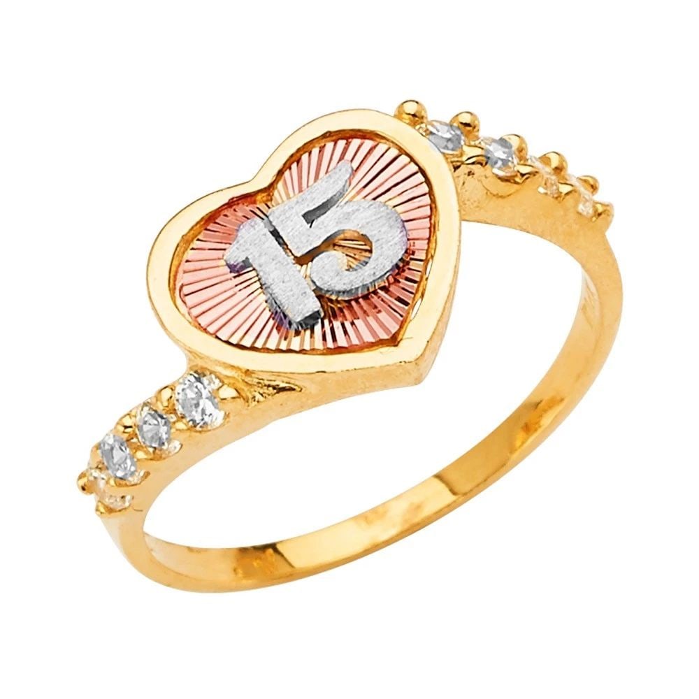 NEW 14K TRI COLOR GOLD 15 YEARS HEART RING: NEW 14K TRI COLOR GOLD 15 YEARS HEART RING 15 YEARS HEART RING NEW 14K TRI COLOR GOLD WIDTH : WEIGHT : 2.3g