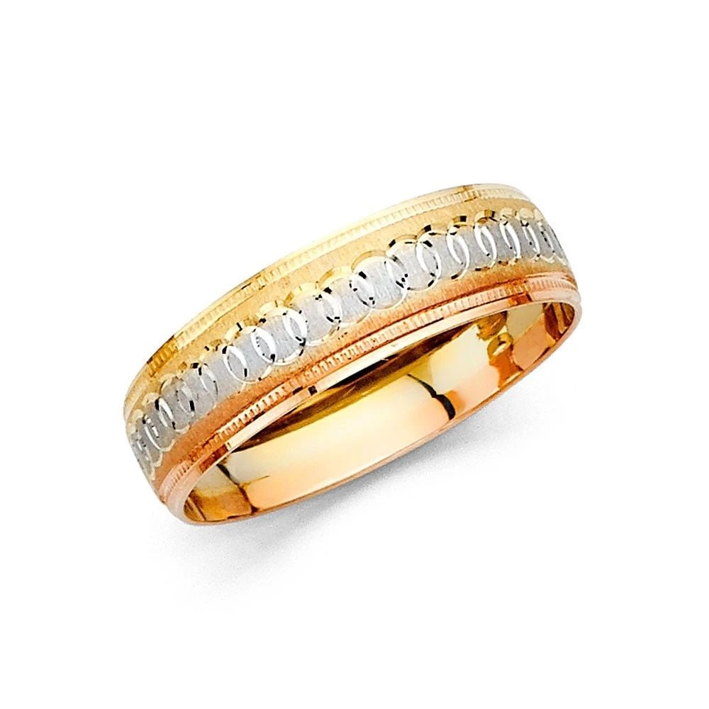 NEW 14K TRI COLOR GOLD MEN'S WEDDING BAND - SIZE 10: NEW 14K TRI COLOR GOLD MEN'S WEDDING BAND MEN'S WEDDING BAND NEW 14K TRI COLOR GOLD WIDTH : 6 mm Average Apx. WEIGHT : 2.2g