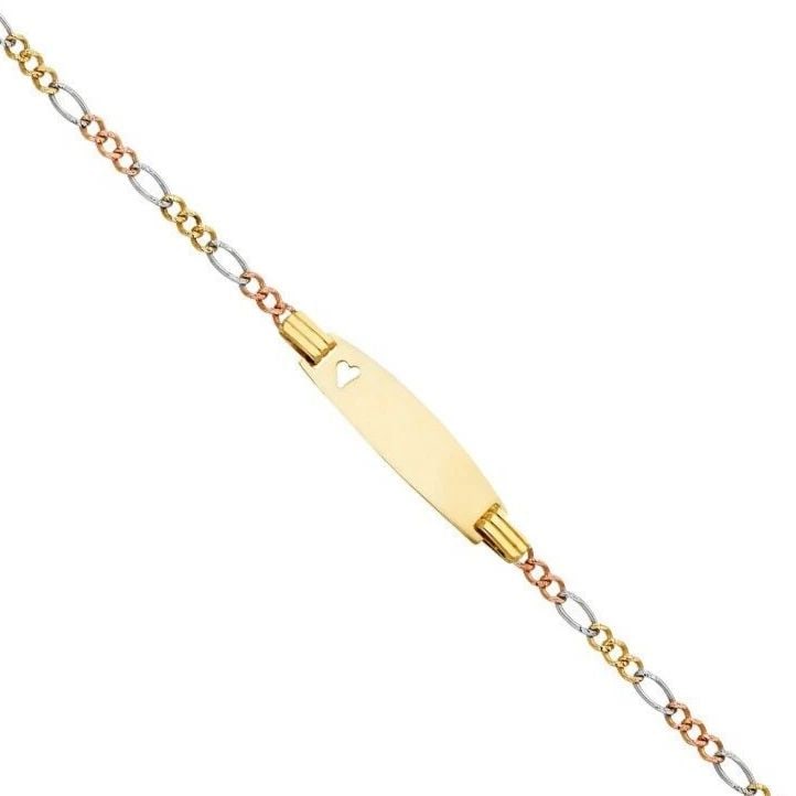 NEW 14K FIGARO 3+1 TRI COLOR BABY OVAL ID WITH HEART BRACELET: 14K FIGARO 3+1 TRI COLOR BABY OVAL ID WITH HEART BRACELET BABY OVAL ID WITH HEART BRACELET NEW 14K TWO TONE GOLD LENGTH - 6in Apx WEIGHT - 2.2g