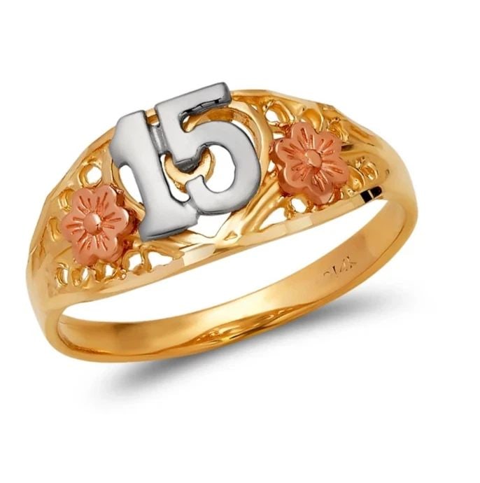 NEW 14K TRICOLOR GOLD LADIES 15 ANOS FILIGREE RING: NEW 14K TRICOLOR GOLD LADIES 15 ANOS FILIGREE RING LADIES 15 ANOS FILIGREE RING NEW 14K TRICOLOR GOLD SIZE Apx: 8mm Apx. WEIGHT: 2.2g