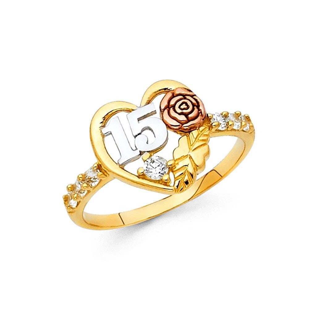 NEW 14K TRI COLOR GOLD 15 YEARS RING: NEW 14K TRI COLOR GOLD 15 YEARS RING 15 YEARS RING NEW 14K TRI COLOR GOLD WIDTH: 12 mm Apx. WEIGHT: 2.2g