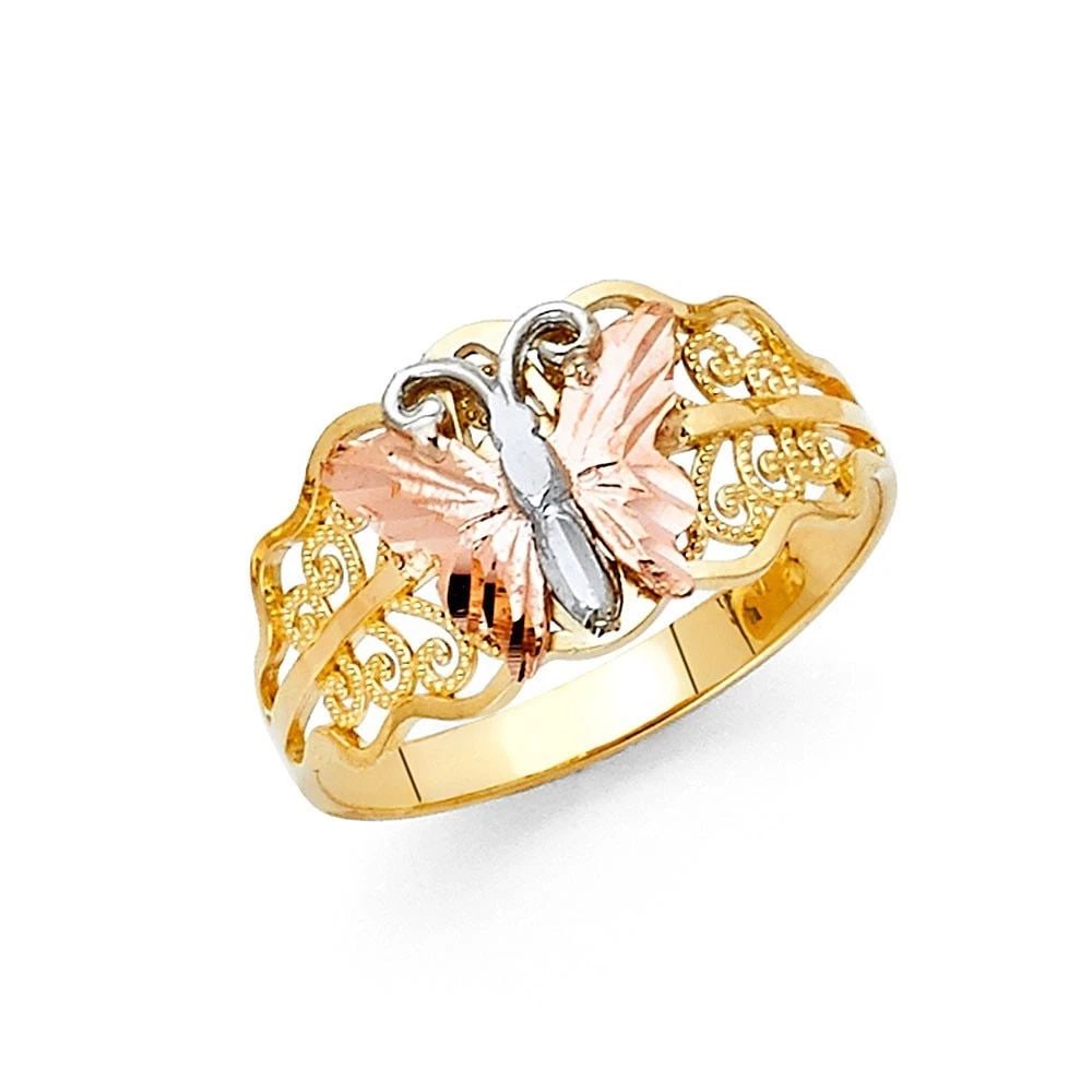 NEW 14K TRI COLOR GOLD FANCY BUTTERFLY RING: NEW 14K TRI COLOR GOLD FANCY BUTTERFLY RING FANCY BUTTERFLY RING NEW 14K TRI COLOR GOLD WIDTH : 10 mm WEIGHT : 2.1g