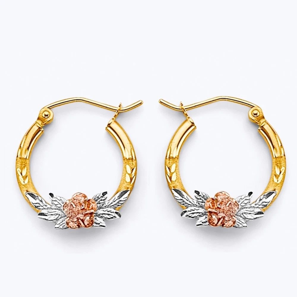 NEW 14K TRI COLOR GOLD FLOWER HOOP EARRINGS (1 of 2)