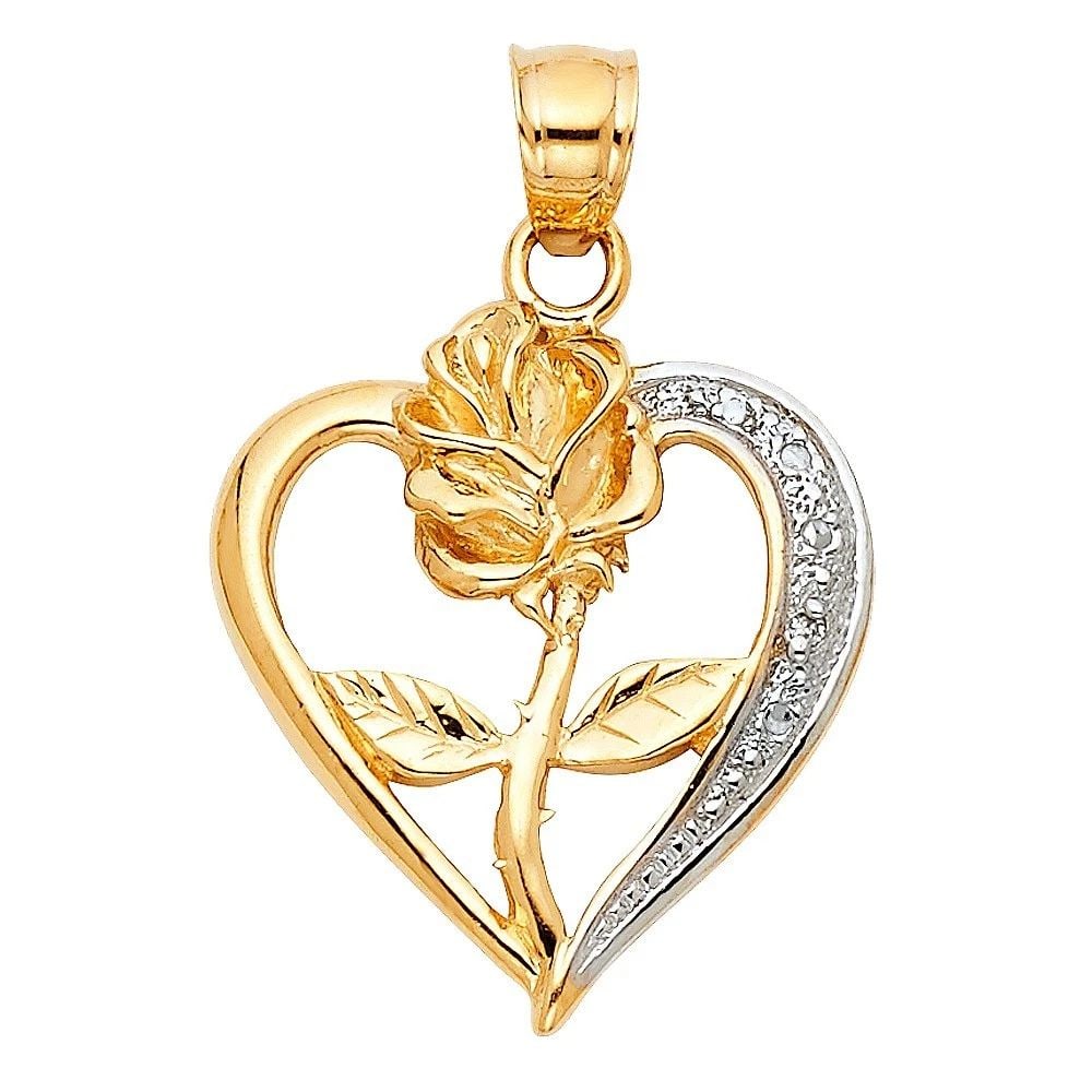 NEW 14K TWO TONE GOLD HEART WITH ROSE PENDANT: NEW 14K TWO TONE GOLD HEART WITH ROSE PENDANT HEART WITH ROSE PENDANT NEW 14K TWO TONE GOLD Height : 30 mm Width : 20 mm Apx. WEIGHT : 2g