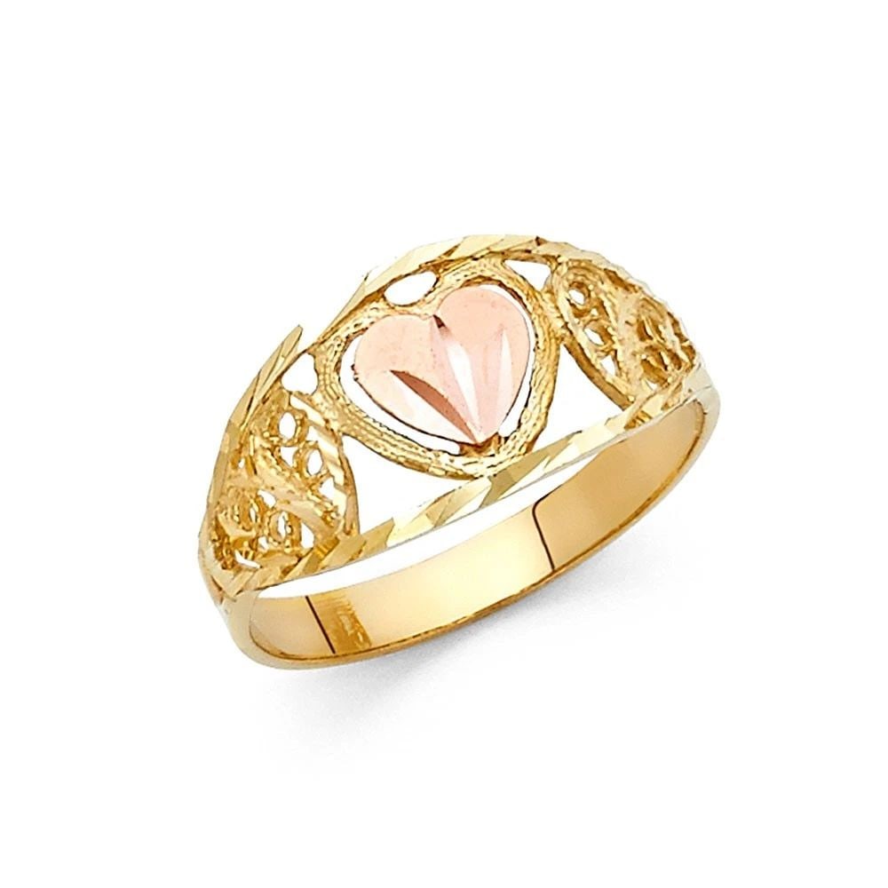NEW 14K TWO TONE GOLD FANCY HEART RING- SIZE 7: NEW 14K TWO TONE GOLD FANCY HEART RING FANCY HEART RING NEW 14K TWO TONE GOLD WIDTH : 10 mm Average Apx. WEIGHT : 2g
