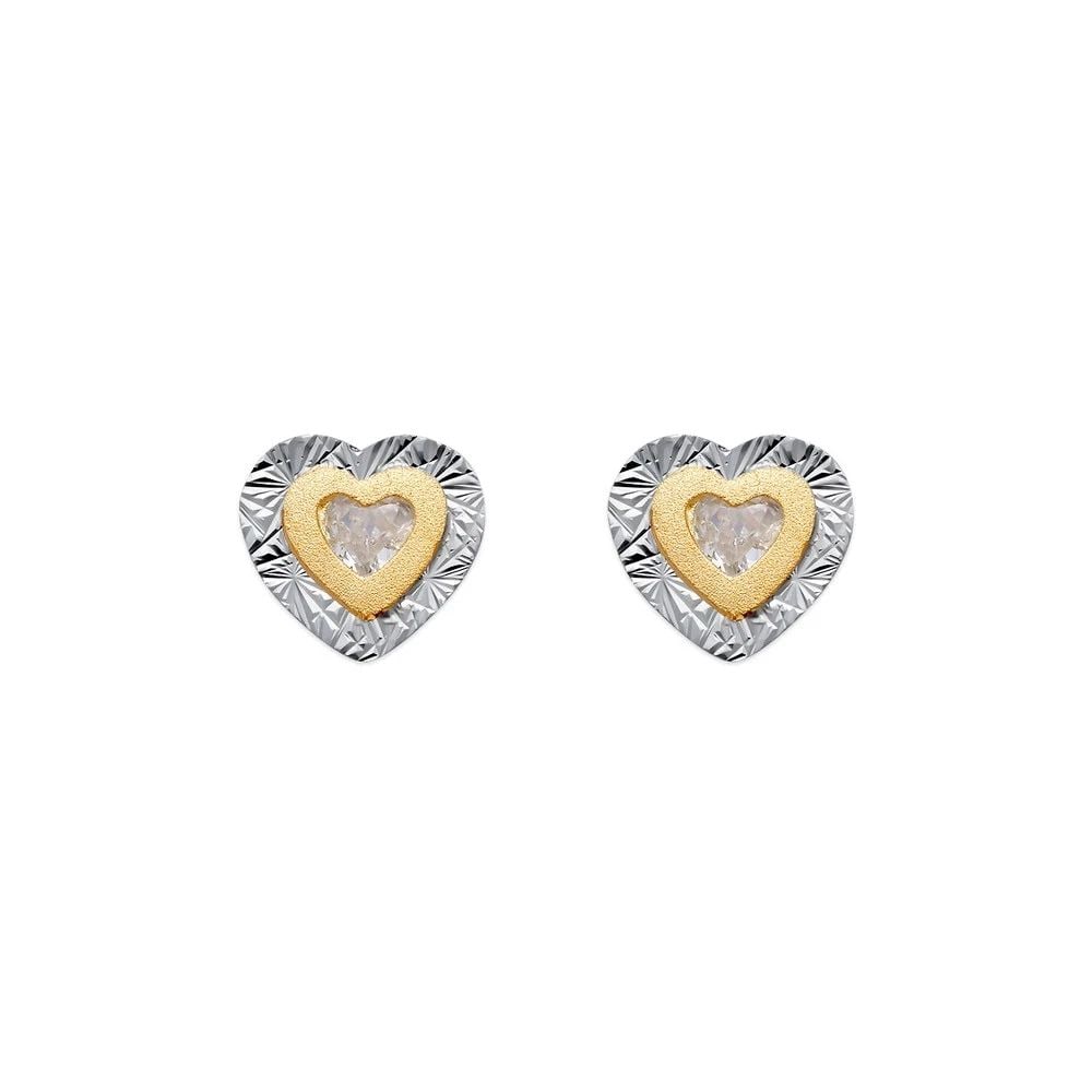 NEW 14K TWO TONE GOLD DOUBLE HEART STUD EARRINGS: NEW 14K TWO TONE GOLD DOUBLE HEART STUD EARRINGS DOUBLE HEART STUD EARRINGS NEW 14K TWO TONE GOLD Width: Approx. 9x9mm Apx WEIGHT: 2g