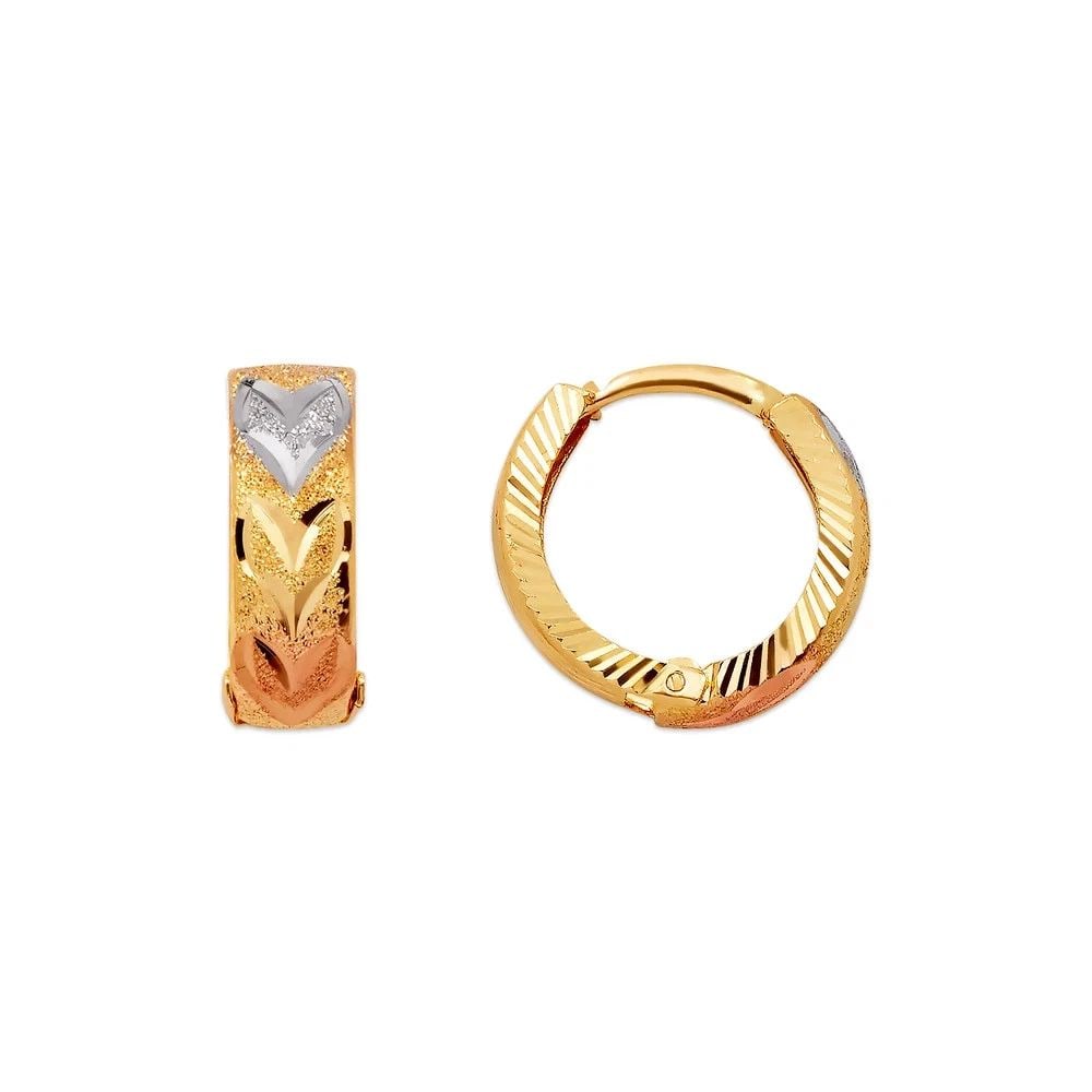 NEW 14K TRICOLOR GOLD D/C HUGGIE EARRINGS: NEW 14K TRICOLOR GOLD D/C HUGGIE EARRINGS D/C HUGGIE EARRINGS NEW 14K TRICOLOR GOLD Width: Approx. 5x15mm Apx WEIGHT: 2g
