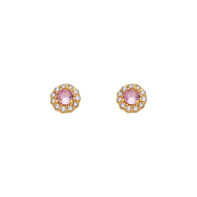 NEW 14K YELLOW GOLD 3MM PINK ROUND STUD EARRINGS: NEW 14K YELLOW GOLD LOVE PAVE STUD EARRINGS LOVE PAVE STUD EARRINGS NEW 14K YELLOW GOLD Width: Approx. 7x7mm Apx WEIGHT: 2g