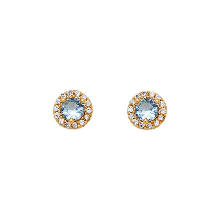 NEW 14K YELLOW GOLD LIGHT BLUE SOLITAIRE HALO STUD EARRINGS (1 of 2)