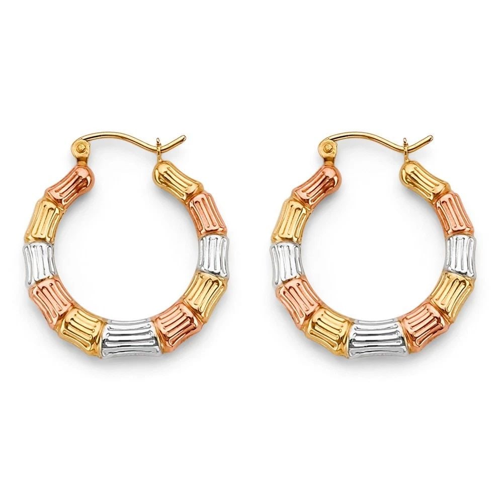 NEW 14K TRI COLOR GOLD HOLLOW HANGING EARRINGS: NEW 14K TRI COLOR GOLD HOLLOW HANGING EARRINGS HOLLOW HANGING EARRINGS NEW 14K TRI COLOR GOLD HEIGHT - 28 mm WIDTH - 6 mm Apx WEIGHT - 1.4 g